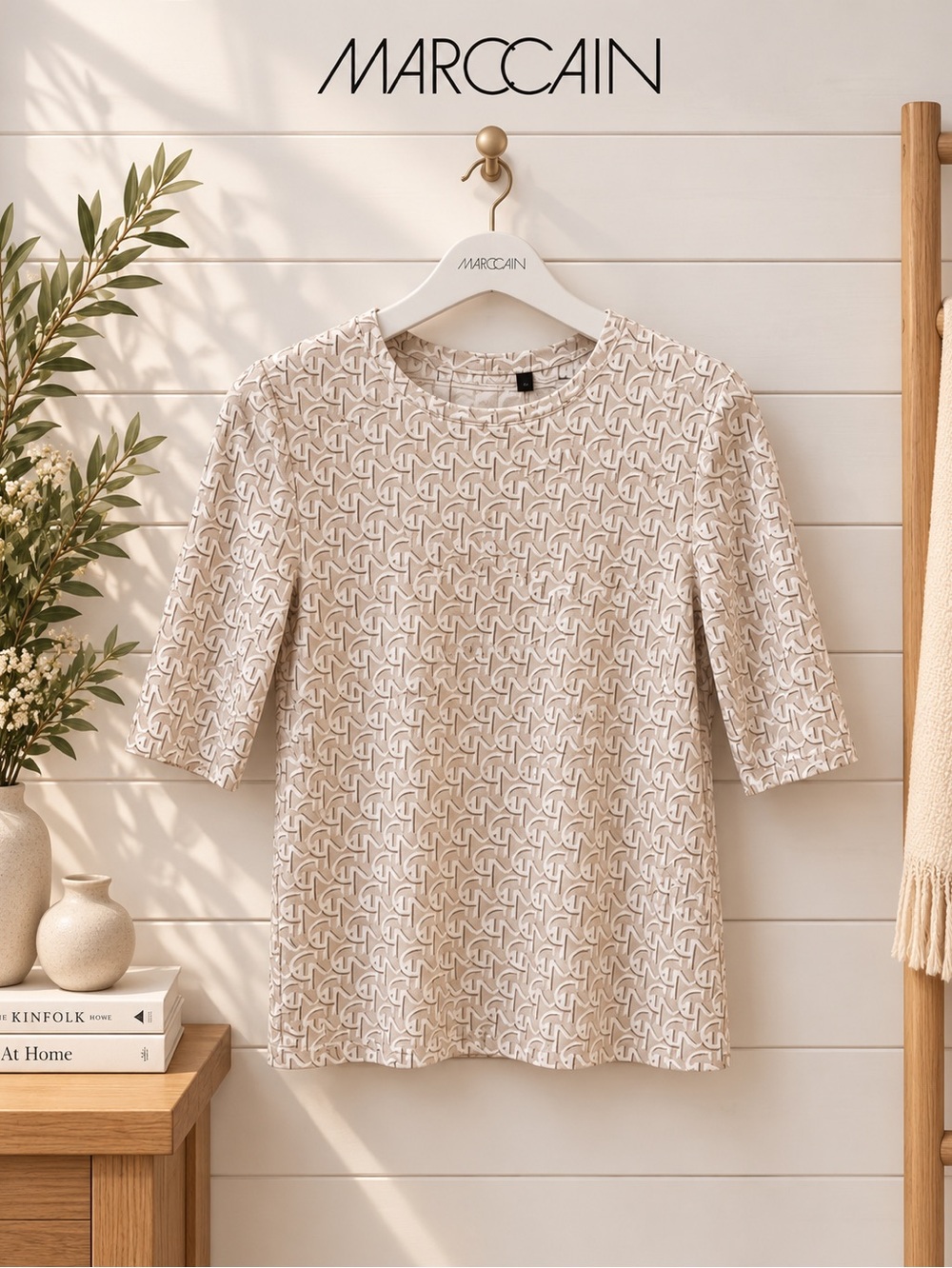 MARC CAIN Beige Monogram Short Sleeve Top Size N1/34